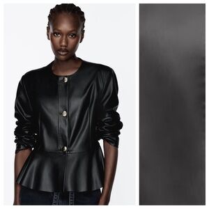 NWT. Zara Black Faux Leather Peplum Blazer/Jacket. Size S.